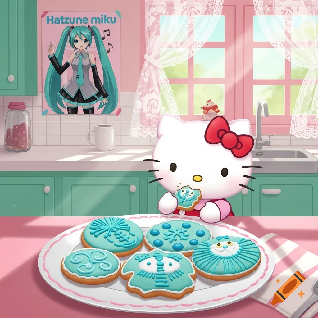 Hello Kitty eats a blue iced cookie from a plate of cookies in a pink and green kitchen with a Hatsune Miku poster.