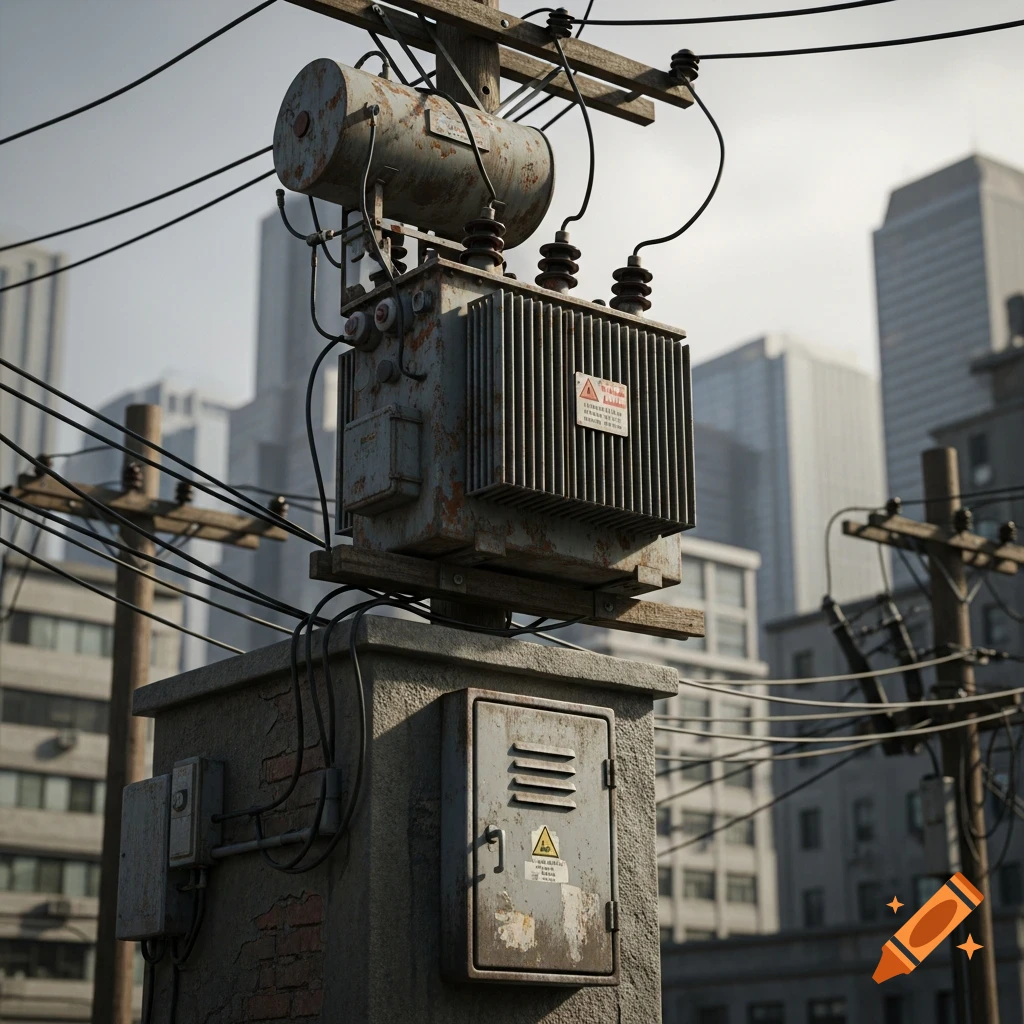 A close-up, photorealistic view of a rusty electrical transformer on a utility pole in an urban setting, with city buildings in the hazy background.