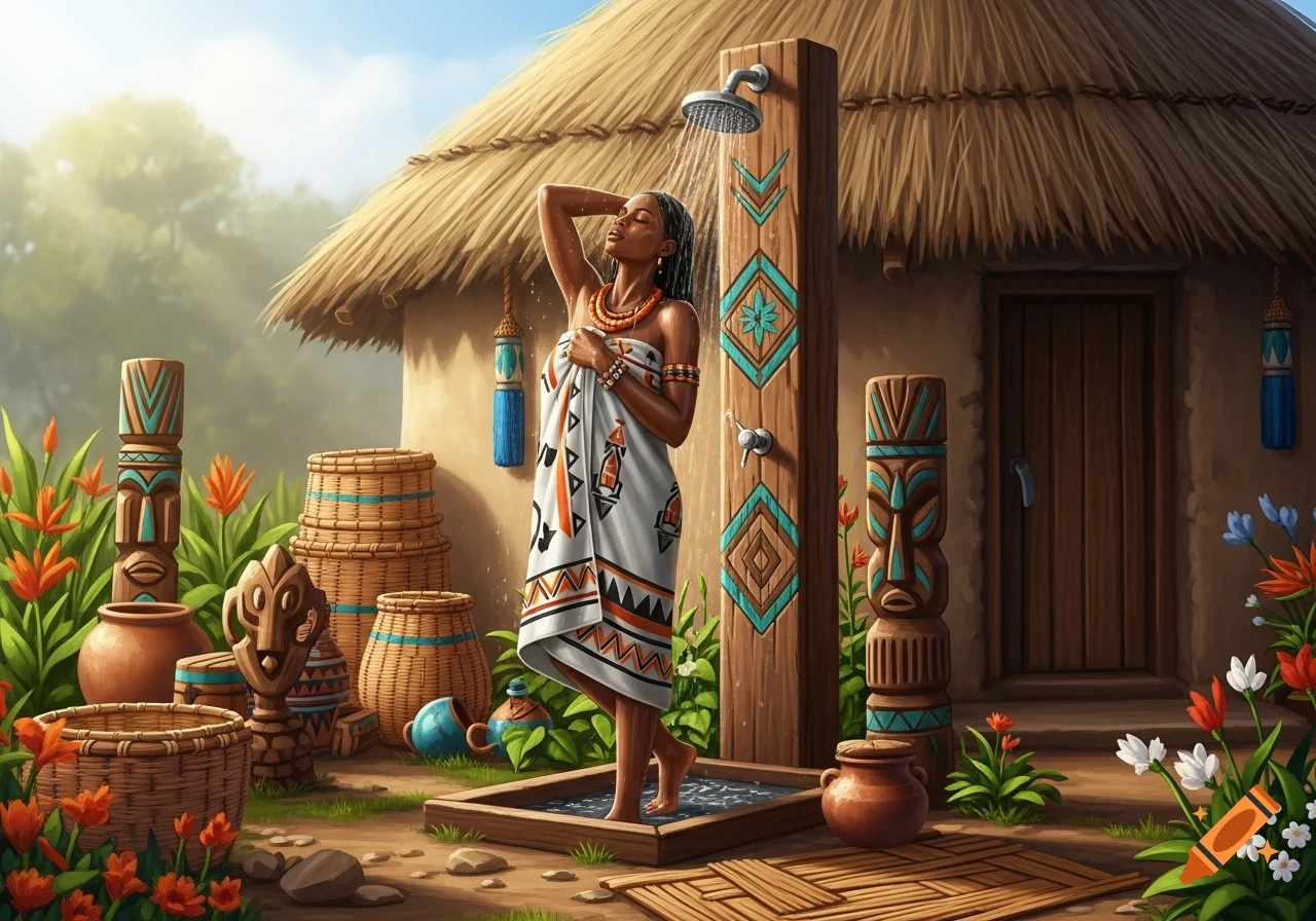An African woman in a patterned wrap showers outdoors next to a thatched hut, surrounded by tribal baskets, plants, and carved totems.