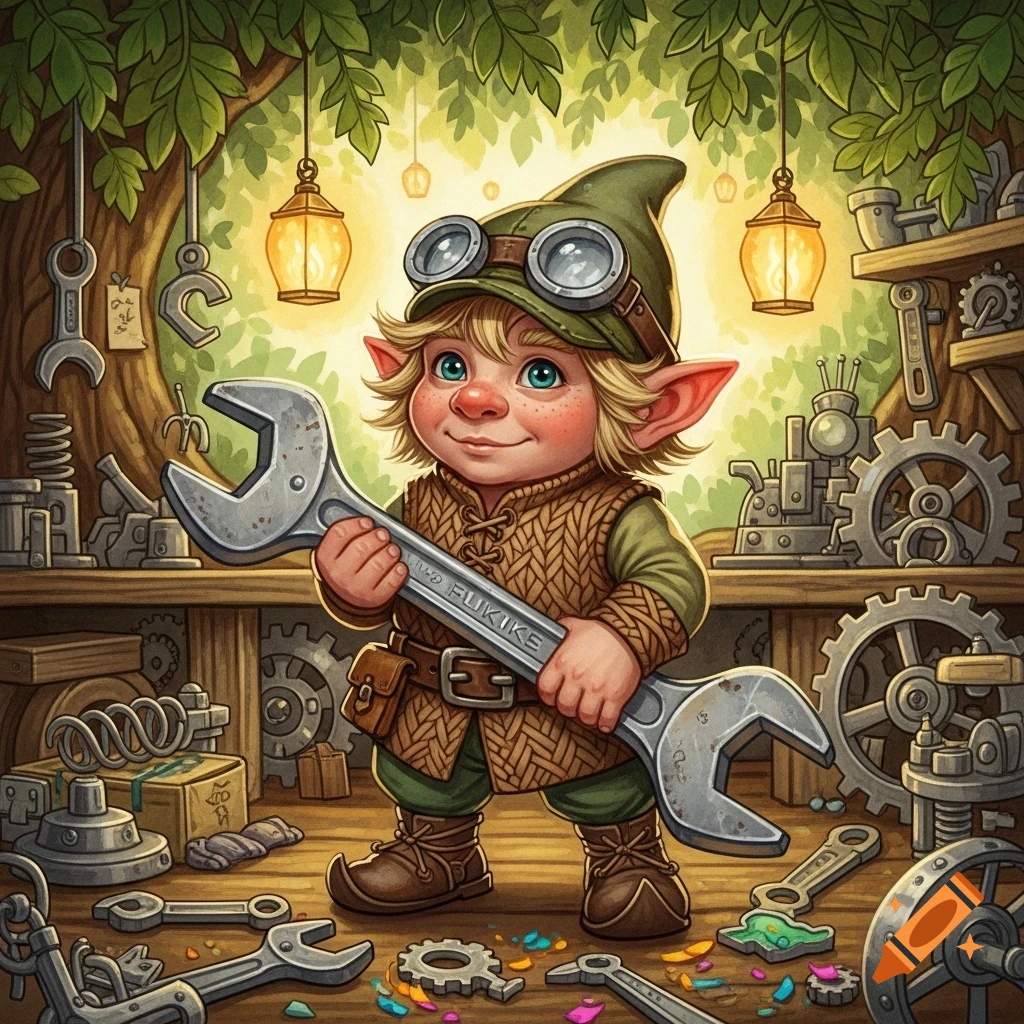A smiling gnome tinkerer with blonde hair and goggles holds a large wrench in a cozy, cluttered fantasy workshop with tools and gears.