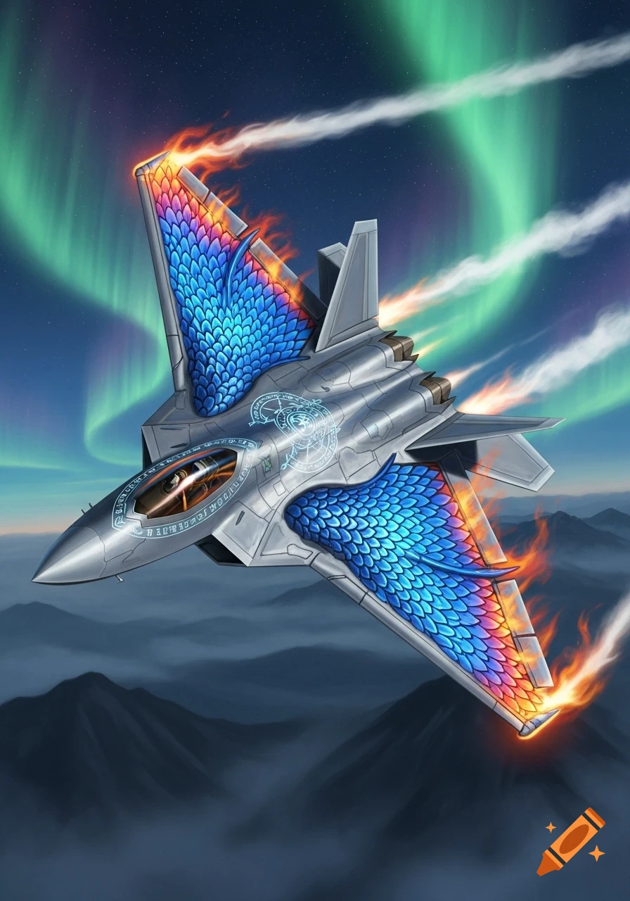 A fantasy fighter jet with blue and rainbow dragon-scale wings, glowing flames, and magical symbols, flying under an aurora borealis.