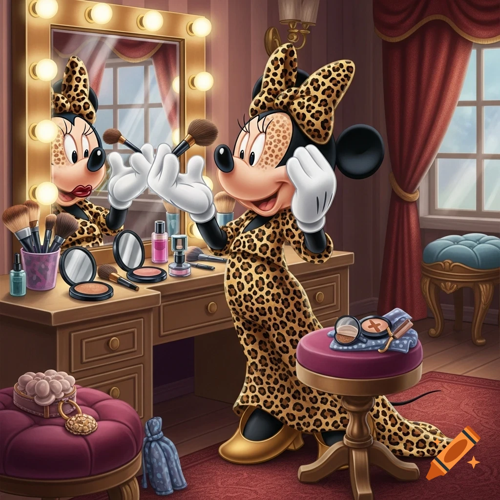 Cartoon Minnie Mouse in a leopard print dress and bow, holding makeup brushes at a brightly lit dressing table.