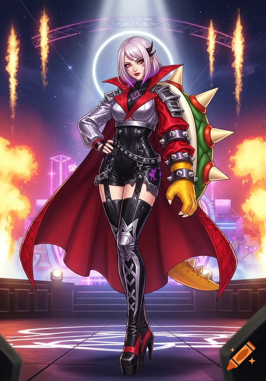 Anime-style female character with white and purple hair, red and silver outfit, red cape, and a green spiked shell, posing on a stage.