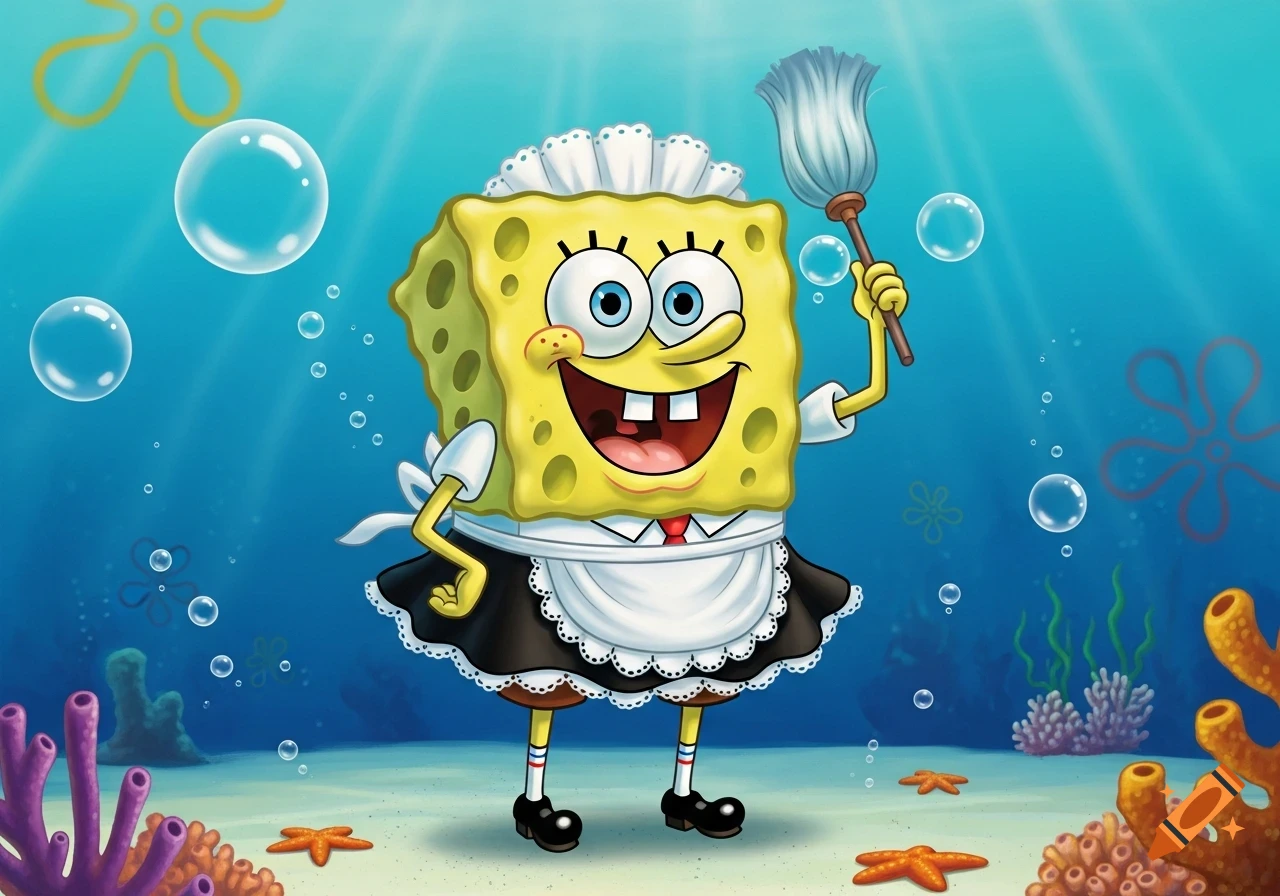SpongeBob SquarePants in a black and white maid outfit, happily holding a mop underwater with bubbles and coral.
