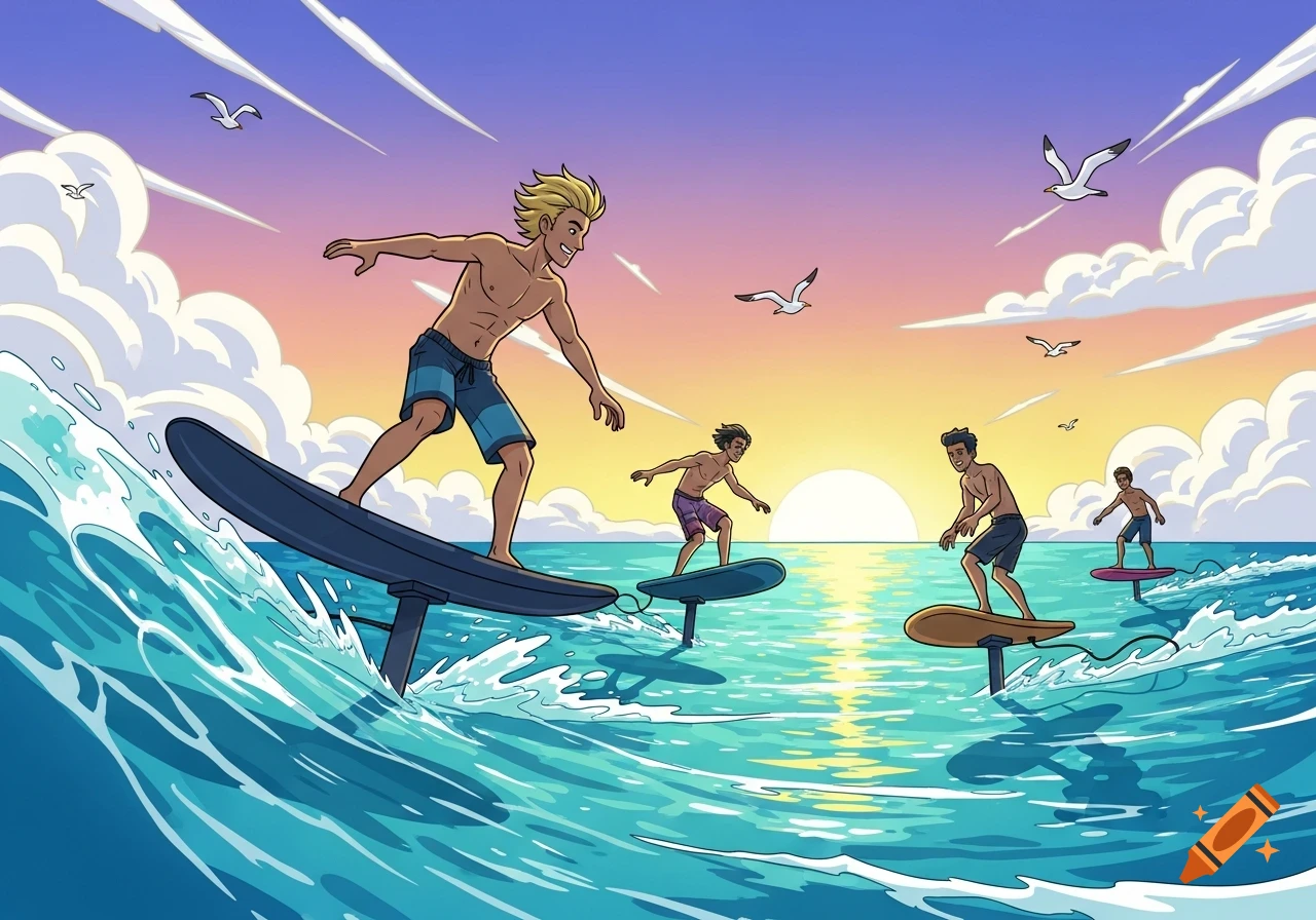 Cartoon illustration of men e-foiling on electric surfboards in the ocean during sunset.