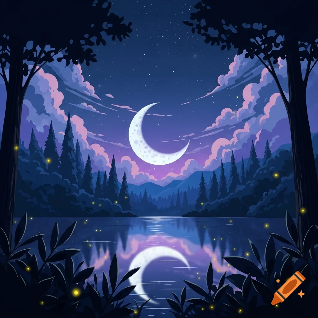 Stylized night landscape with a bright crescent moon over a dark forest ...