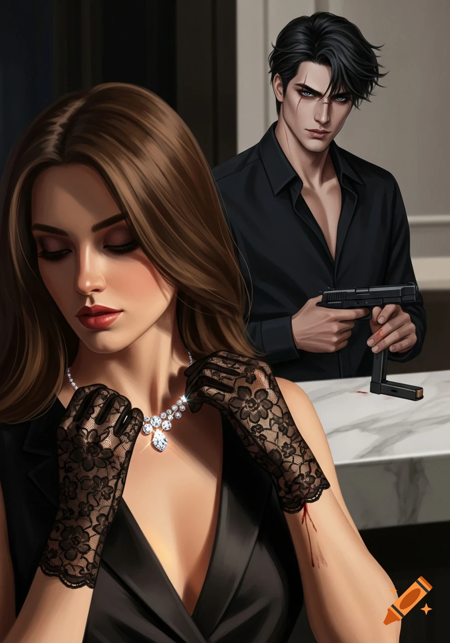 Digital painting of a woman in black adjusting a diamond necklace with a blood smear on her wrist, while a man loads a handgun behind her.