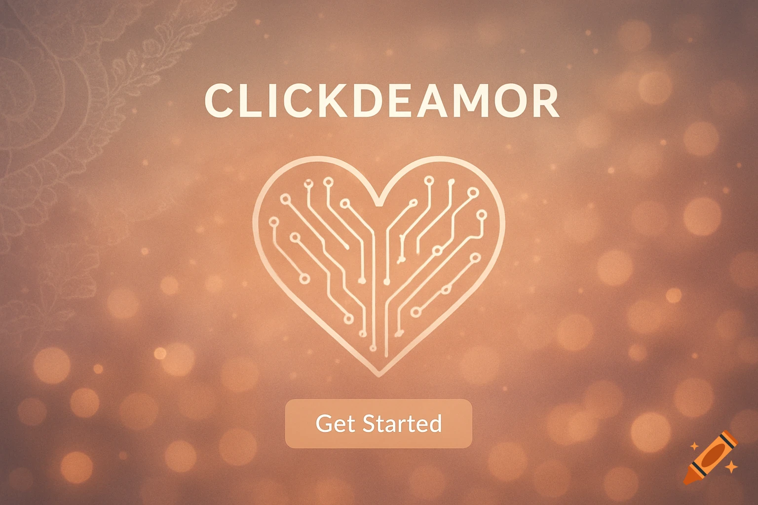 Digital graphic for 'CLICKDEAMOR' website with a circuit board heart logo and 'Get Started' button on a warm bokeh background.