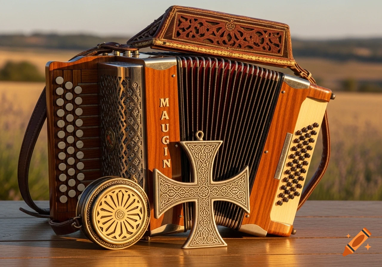 A vintage Maugein accordion, an ornate Occitan cross, and a decorative round object sit on a wooden table in a sunlit field.