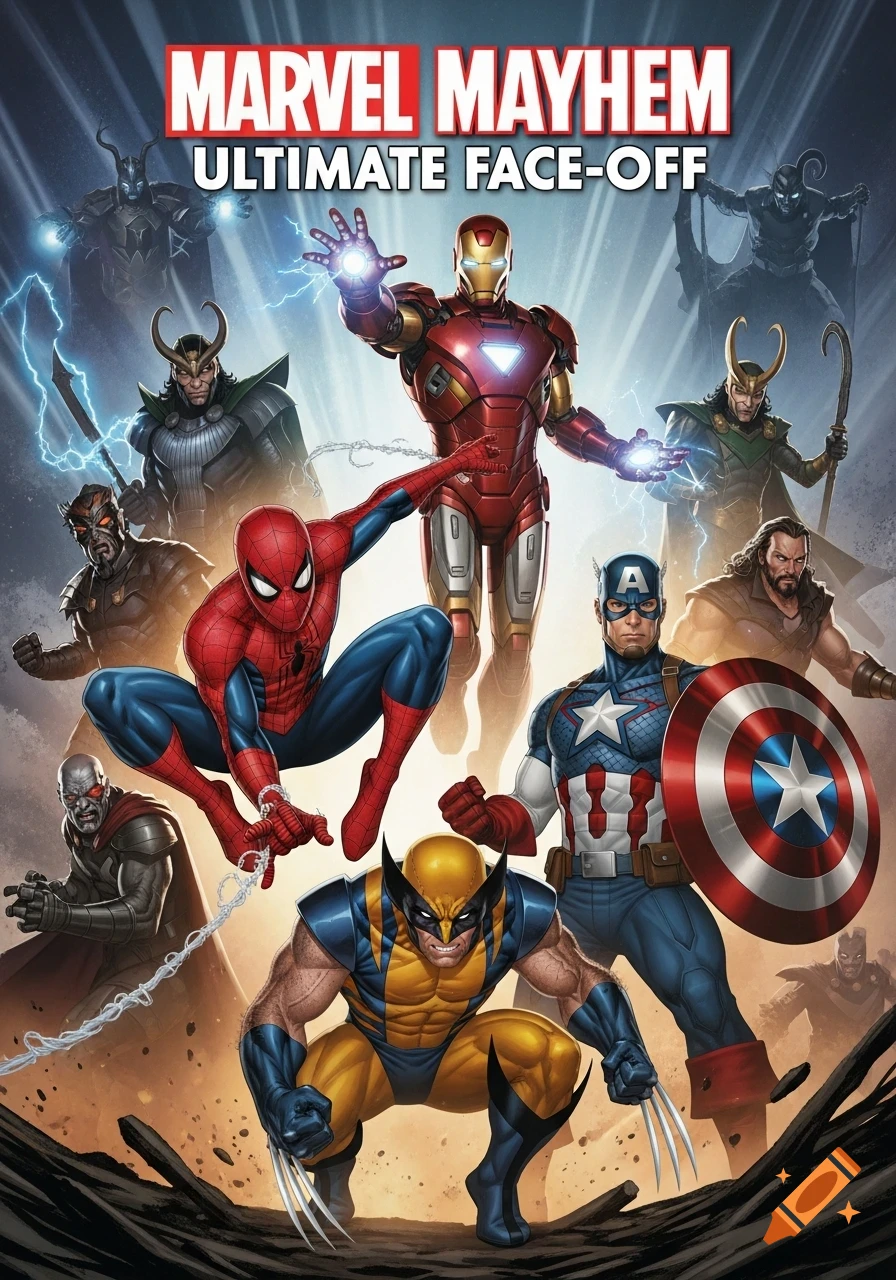 Marvel comic book cover featuring Spider-Man, Wolverine, Captain America, and Iron Man with heroes and villains, titled 'MARVEL MAYHEM ULTIMATE FACE-OFF'.