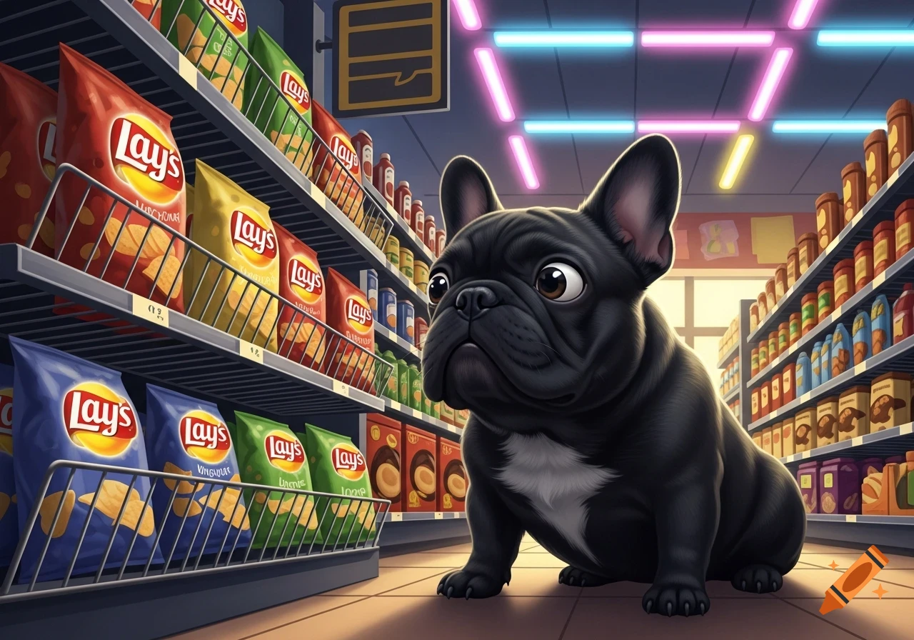 A cute black French bulldog sits on the floor of a brightly lit supermarket aisle, looking up at shelves of Lay's potato chips, cartoon style.