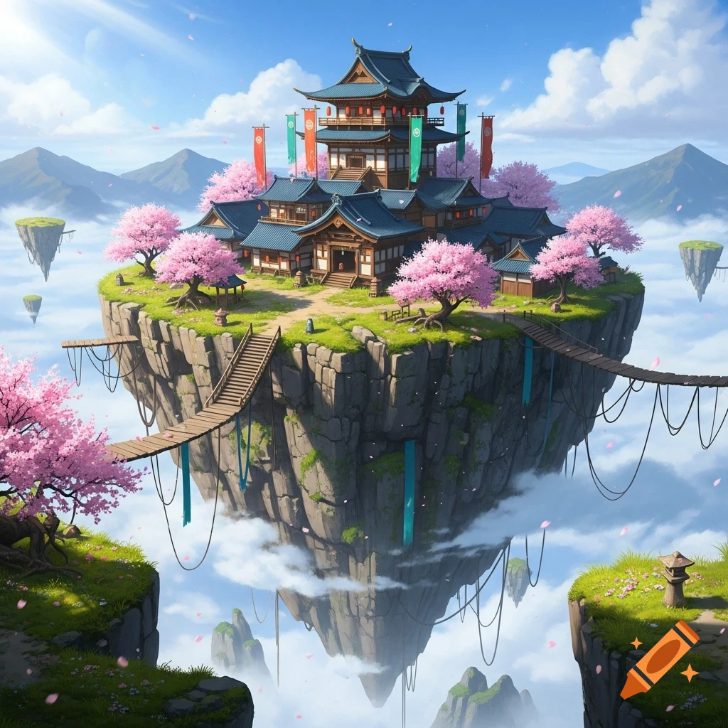 A Japanese village with pagodas and cherry blossom trees on a floating island, connected by bridges, amidst clouds and mountains.