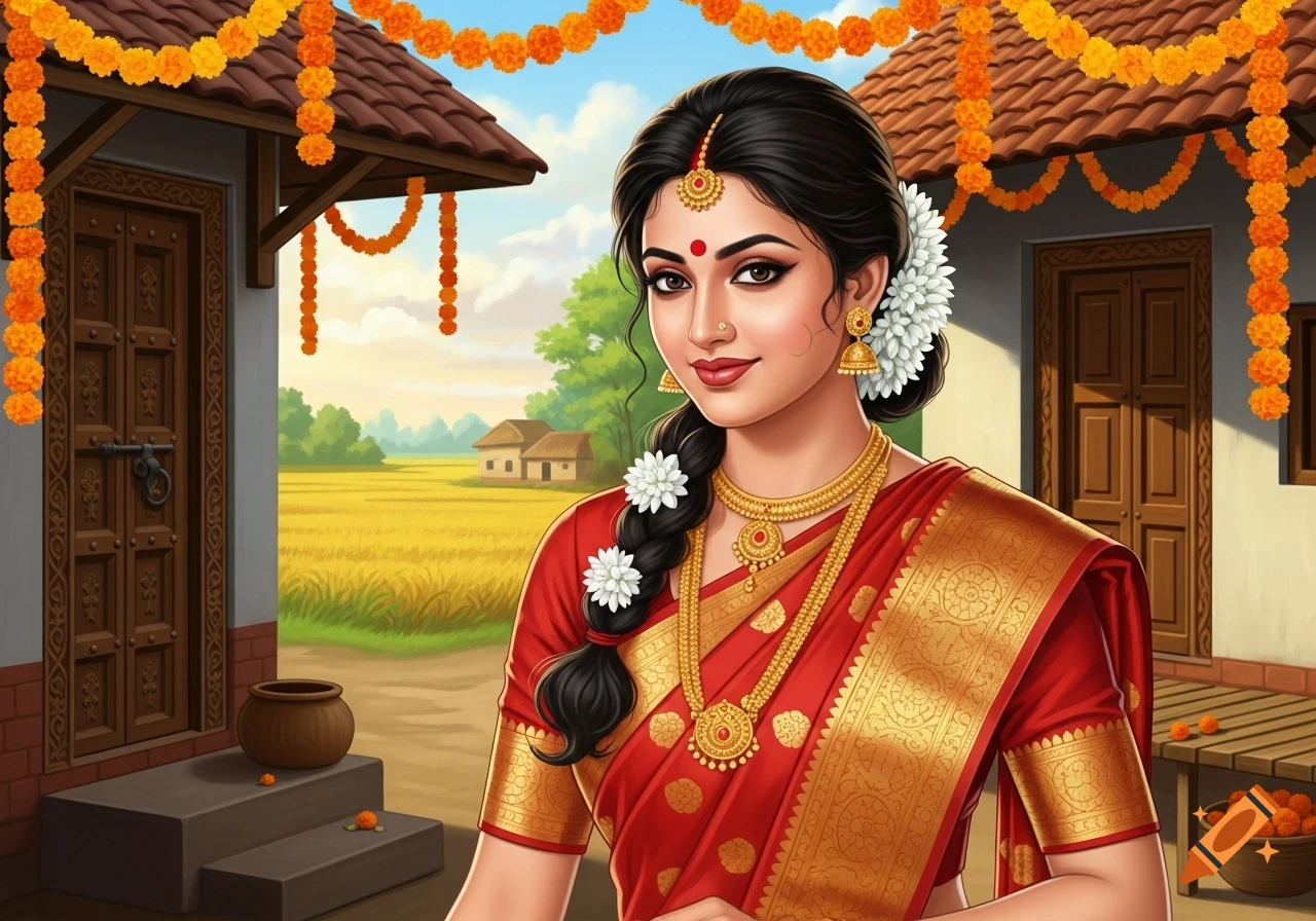An illustrated Bengali woman in a red saree and gold jewelry, with white flowers in her hair, stands in a decorated rural village.