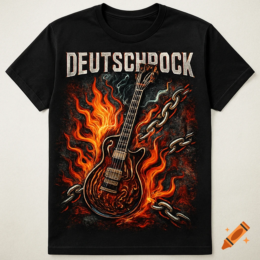 A black T-shirt featuring an electric guitar on fire, surrounded by chains, with 'DEUTSCHROCK' text above.