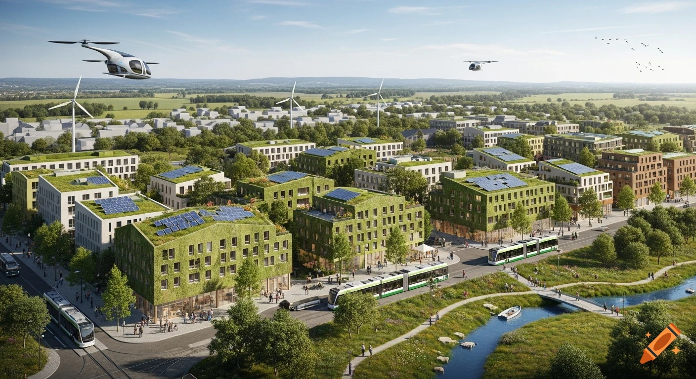 Aerial view of a sustainable, futuristic city with green buildings, solar panels, wind turbines, trams, flying vehicles, and green spaces.