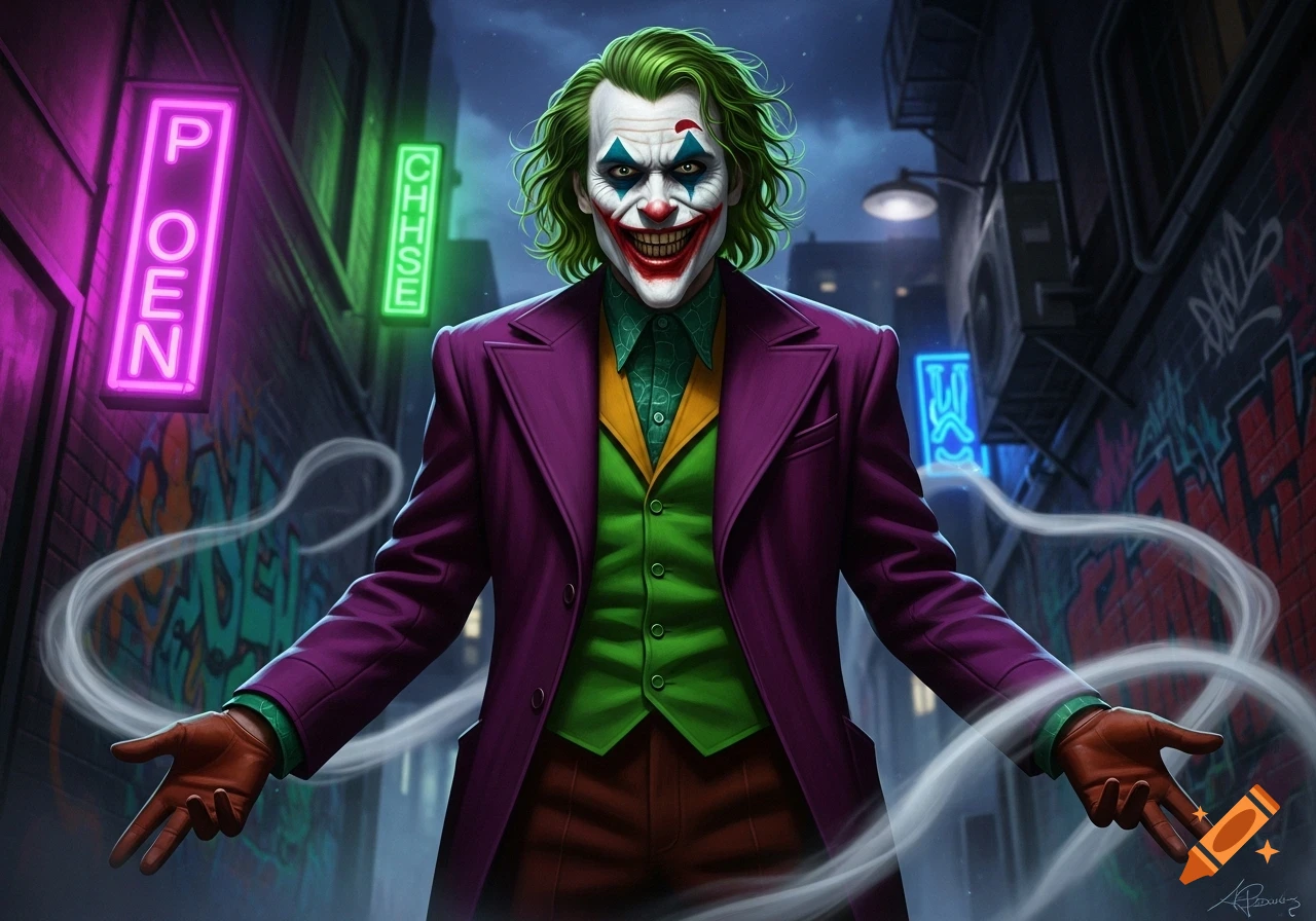 The Joker, with green hair and clown makeup, stands in a dark, graffiti-filled alleyway with neon signs, arms outstretched.
