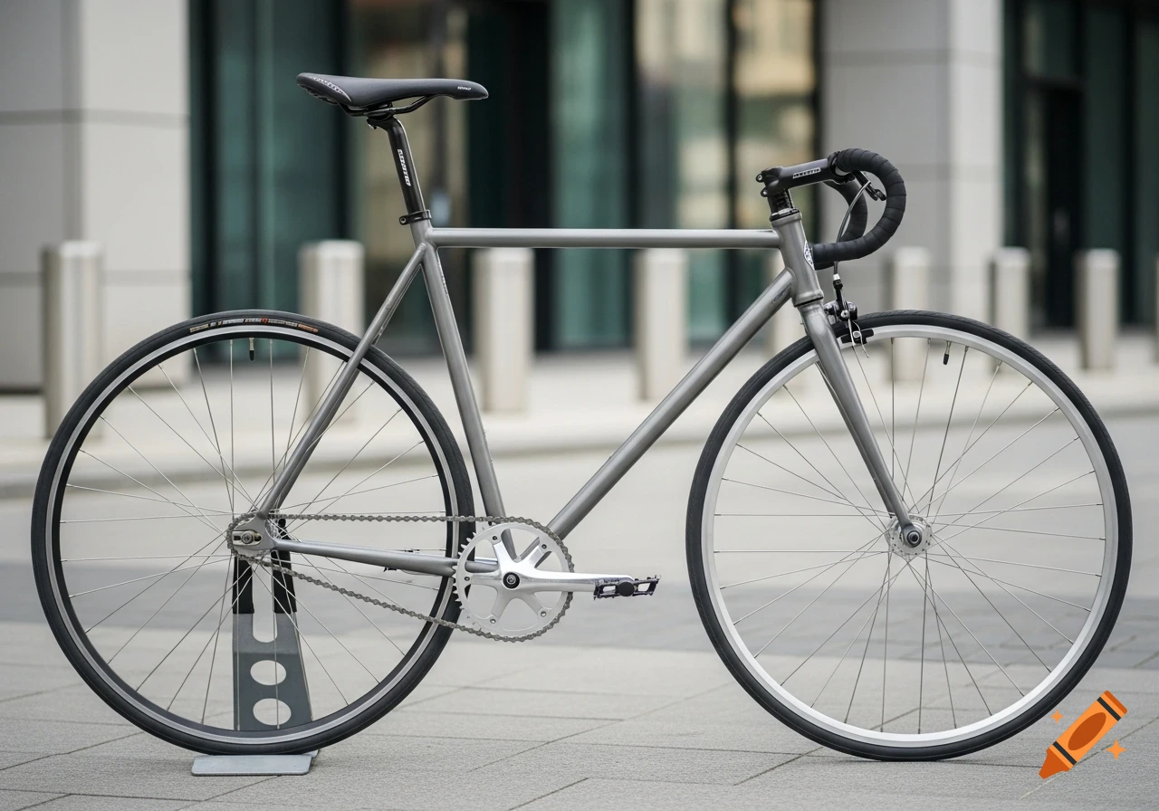A photorealistic, gray fixed-gear bicycle with a minimalist frame and front brake, standing outdoors on city pavement from a side view.