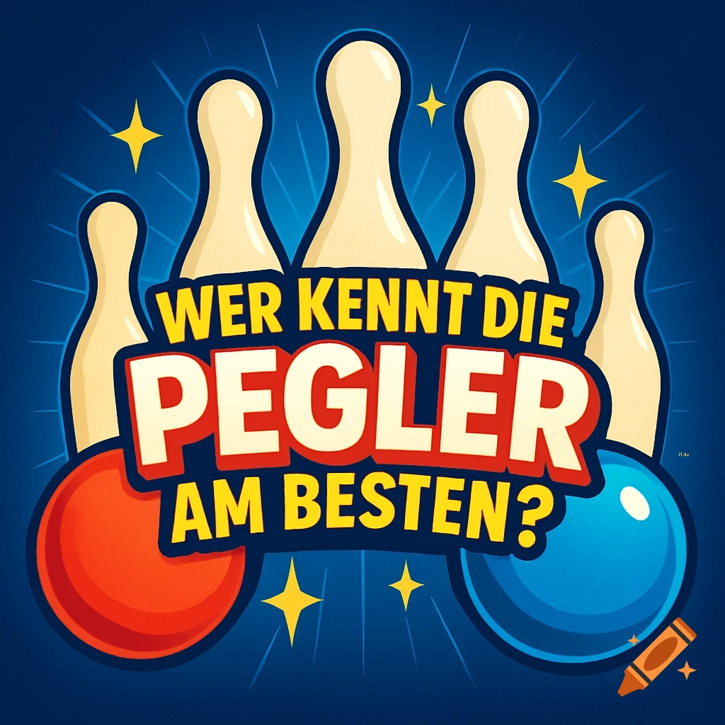 Vibrant quiz show logo with white bowling pins, red and blue bowling balls, and the German text 'Wer kennt die Pegler am Besten?'