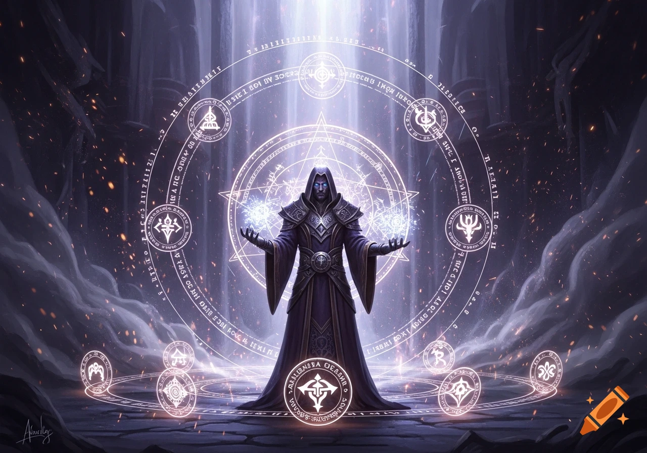 A robed wizard with glowing eyes casts a spell, surrounded by intricate magical symbols and rings of light in a dark chamber.