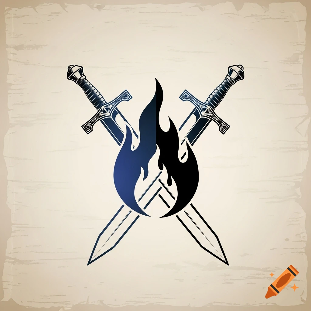 A stylized emblem featuring two crossed swords behind a split blue and black flame on a parchment-like background.