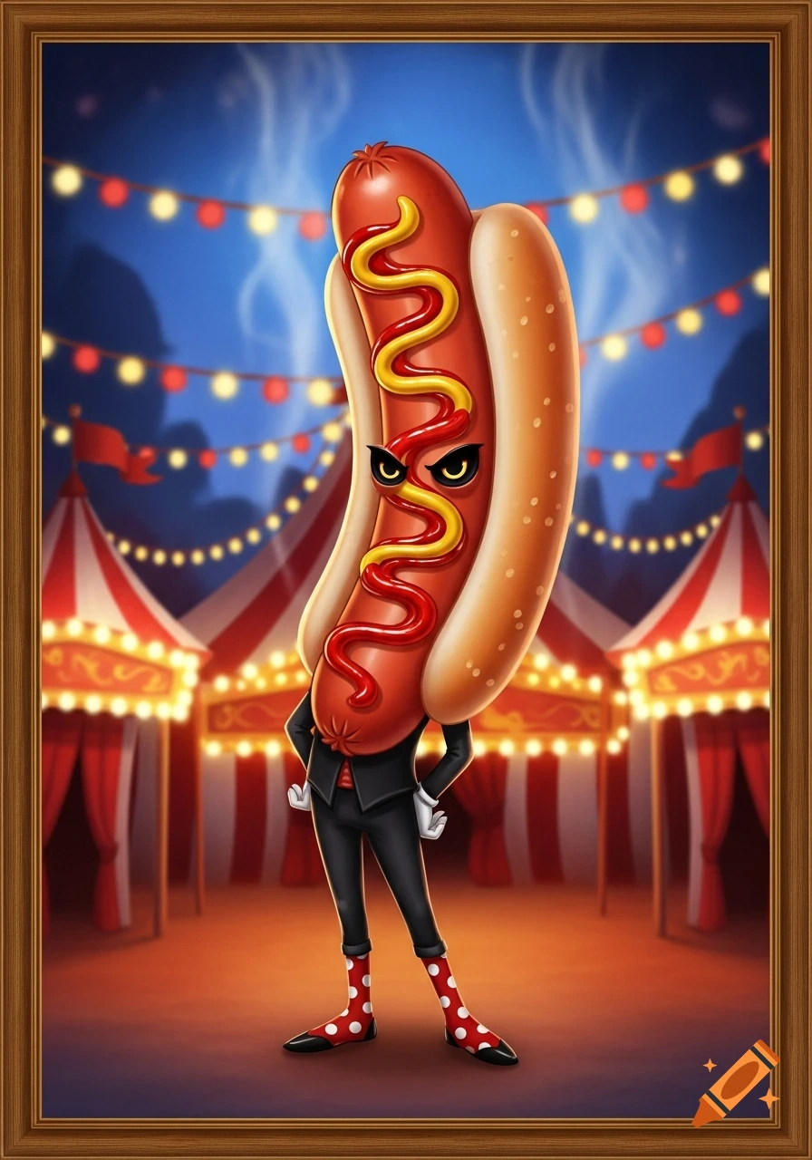 A cartoonish hotdog with evil eyes, mustard, and ketchup, wearing a black suit and polka dot socks, stands in a circus tent.