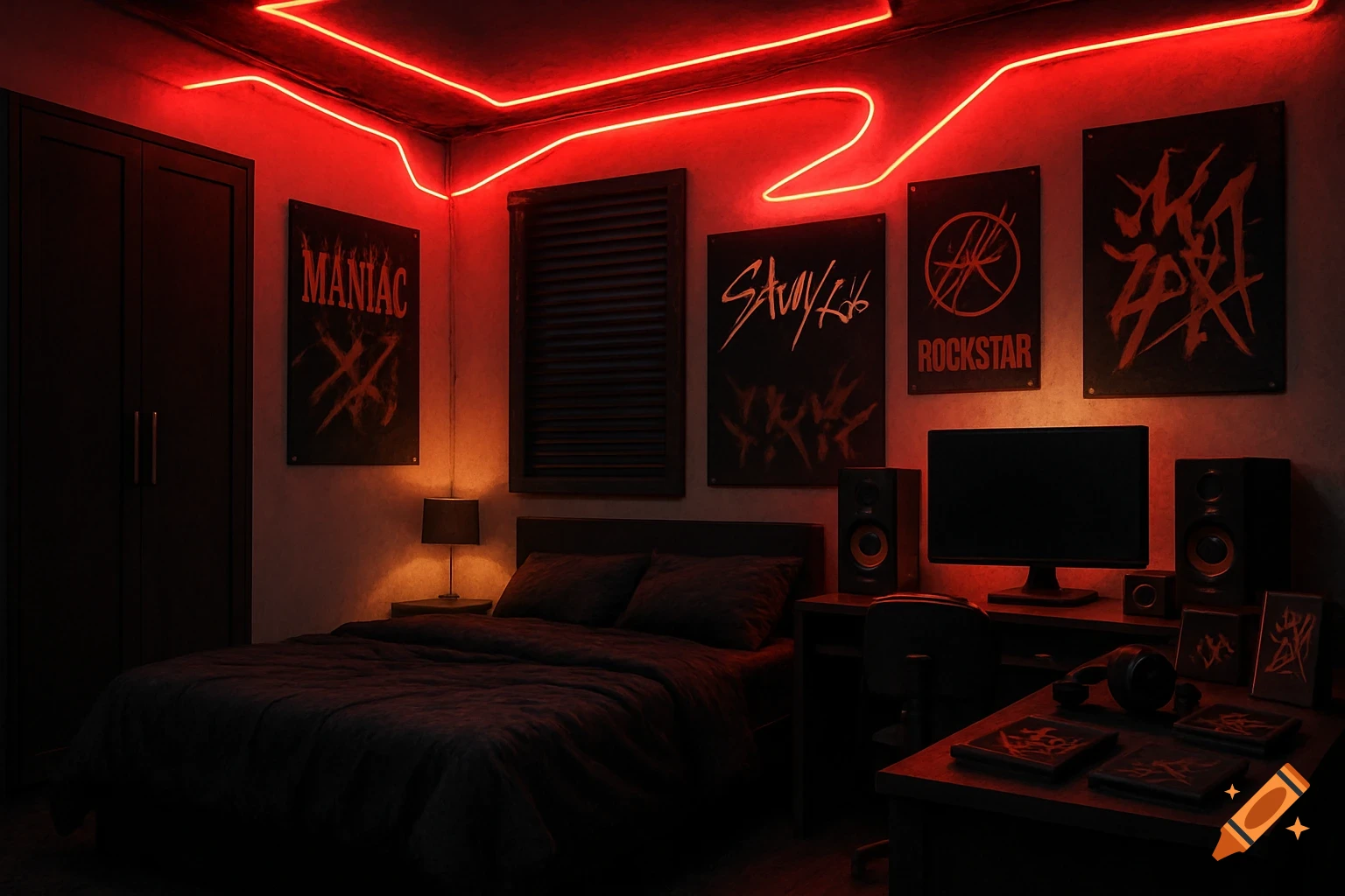 A dark, edgy K-pop inspired bedroom with red neon lights on the ceiling, black furniture, and band posters including 'MANIAC' and 'ROCKSTAR'.