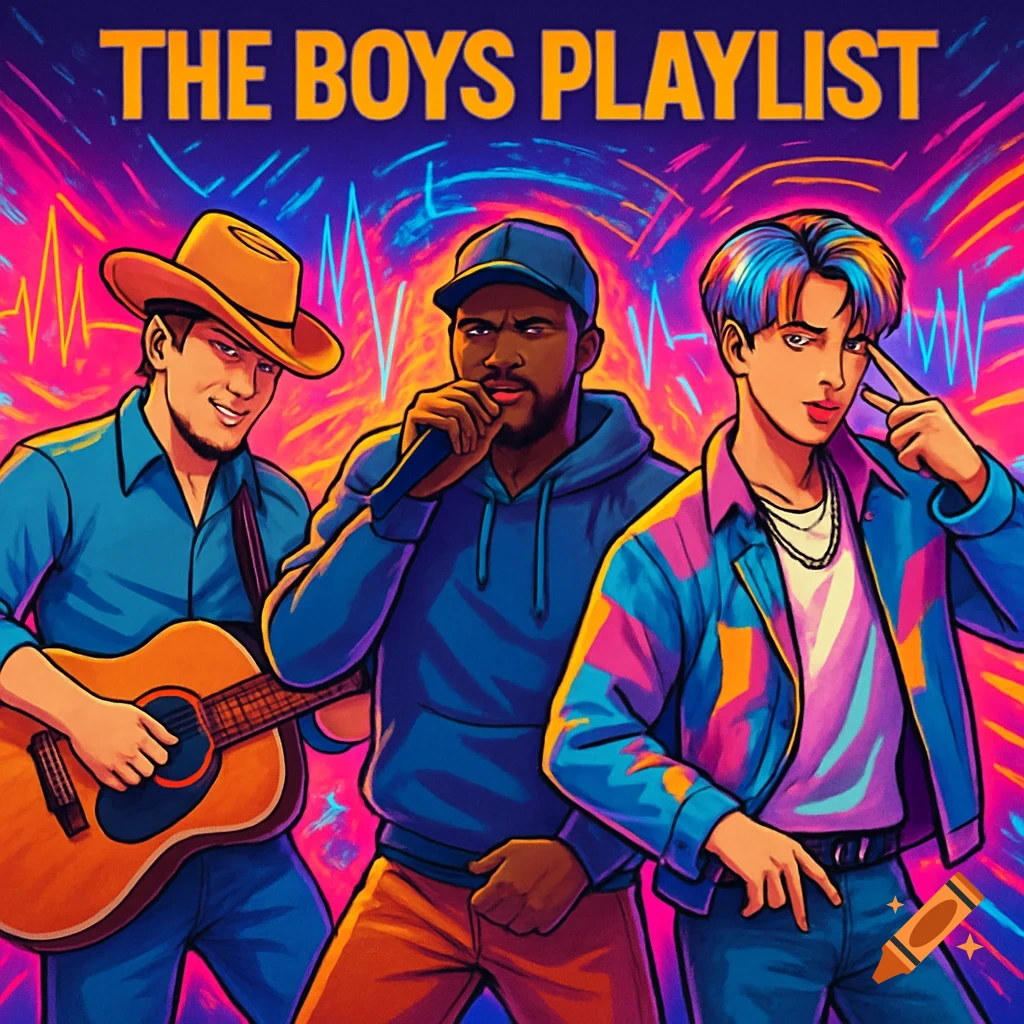 Cartoon illustration of three male musicians (country, rap, K-pop) under the title 'THE BOYS PLAYLIST' on a vibrant background.