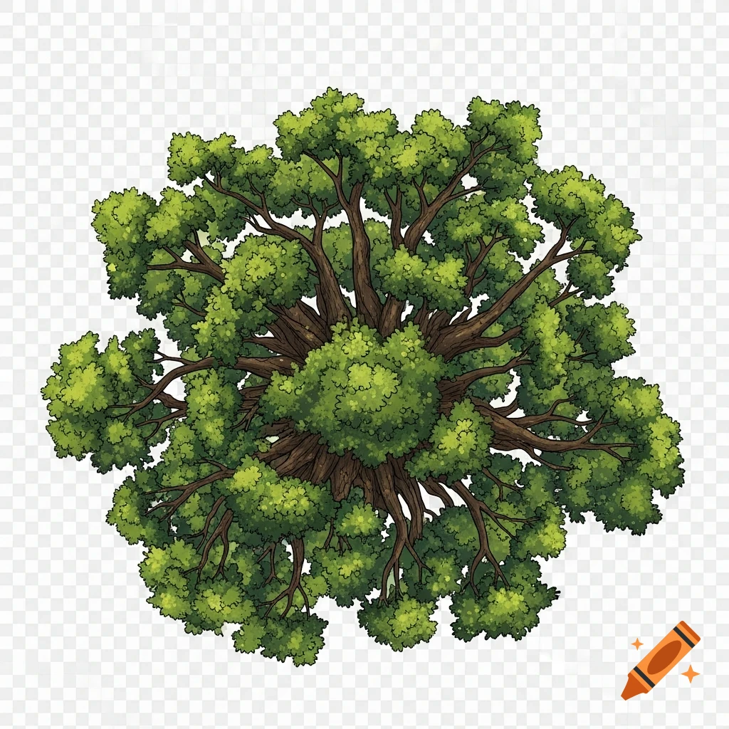 Top-down hand-drawn illustration of a single forest tree with dense green foliage and brown branches on a transparent background.
