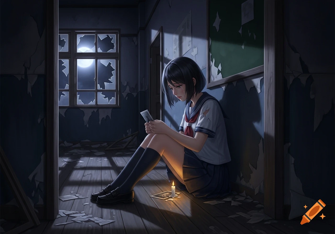 A sad anime girl in a school uniform sits on the floor of a dark, broken room at night, holding a small picture with a candle beside her.