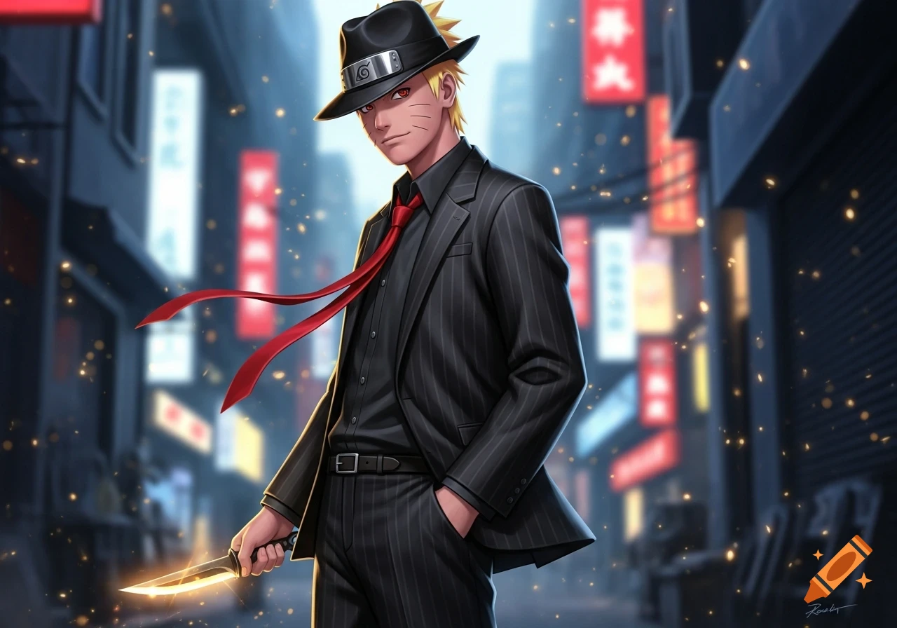 A male anime character with blond hair, wearing a pinstripe gangster suit and fedora, holds a glowing knife in a city street at night.