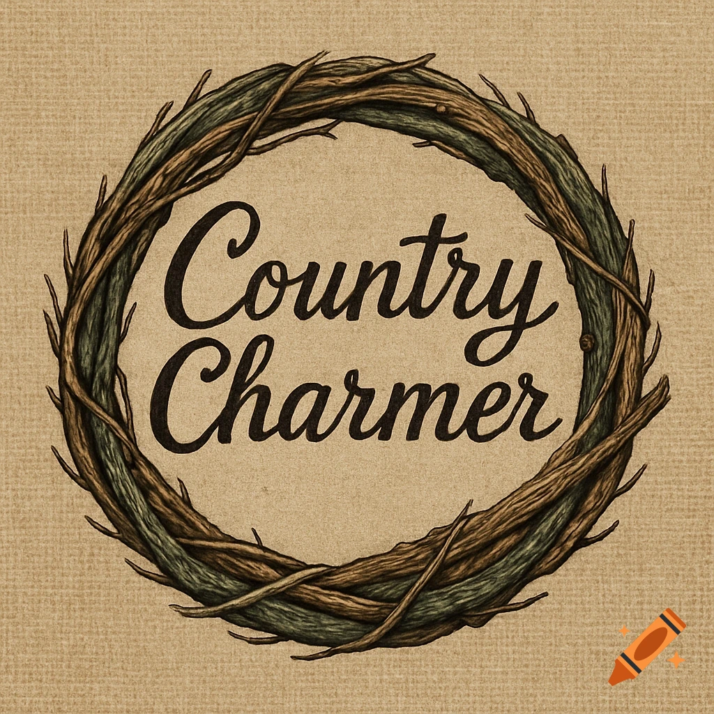 A rustic business logo featuring 'Country Charmer' in script font within a wreath of intertwined branches on a textured beige background.