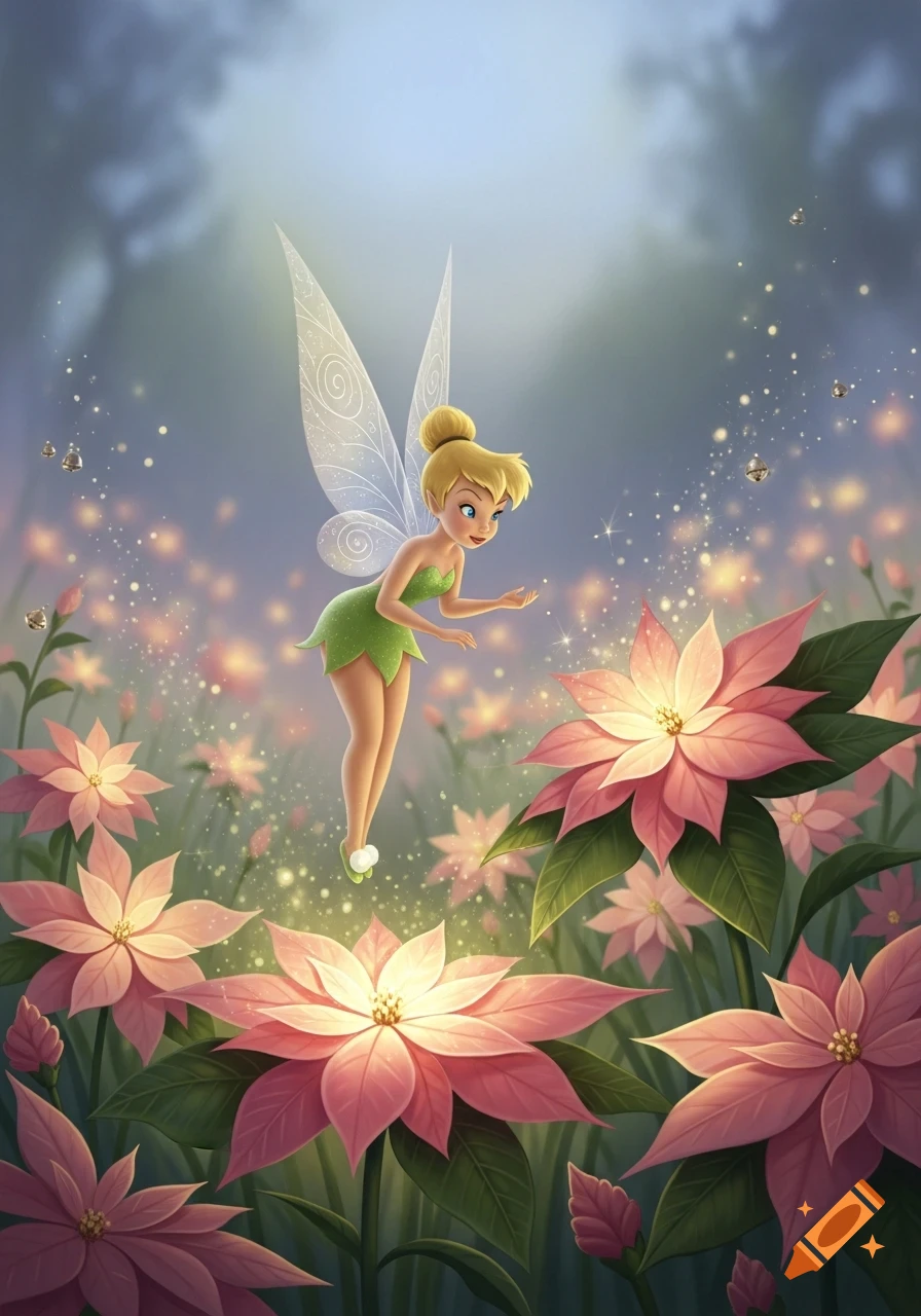Tinkerbell floats among glowing pink poinsettia-like flowers with sparkling dust in a dreamy, illustrated style.