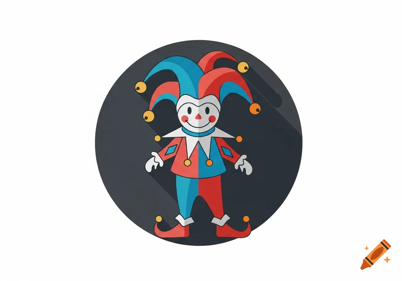A cute, flat-design illustration of a jester in a red and blue costume with a smiling face, against a dark gray circle.
