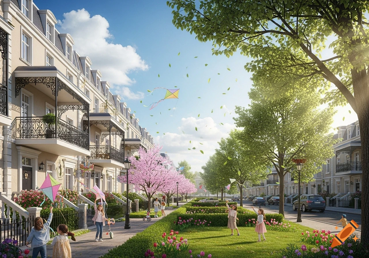 Photorealistic image of children playing with kites on a sunny, tree-lined neighborhood street with flowering trees and townhouses.