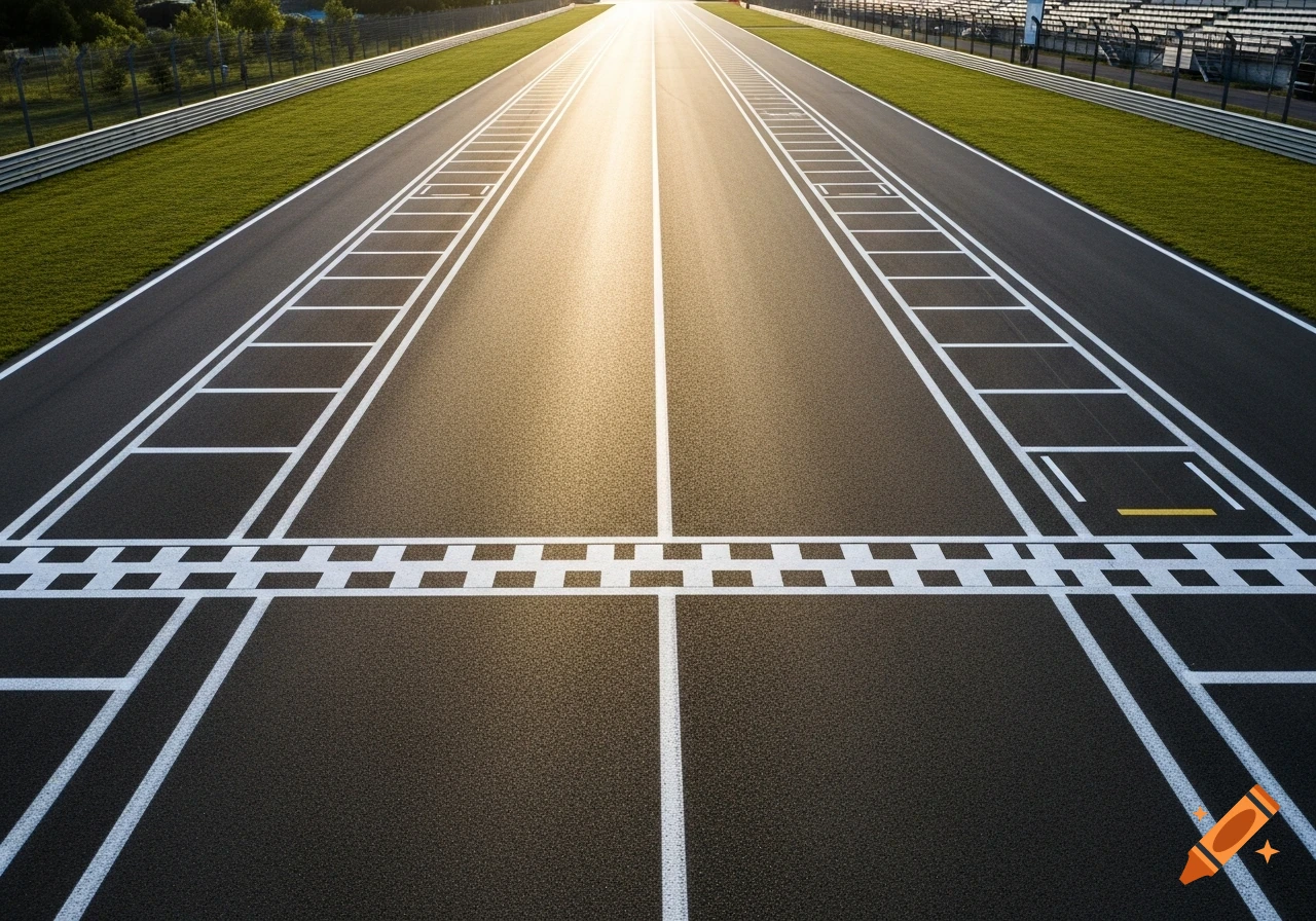 Aerial view of a deserted race track with a checkered finish line and starting grid markings, bathed in sunlight.
