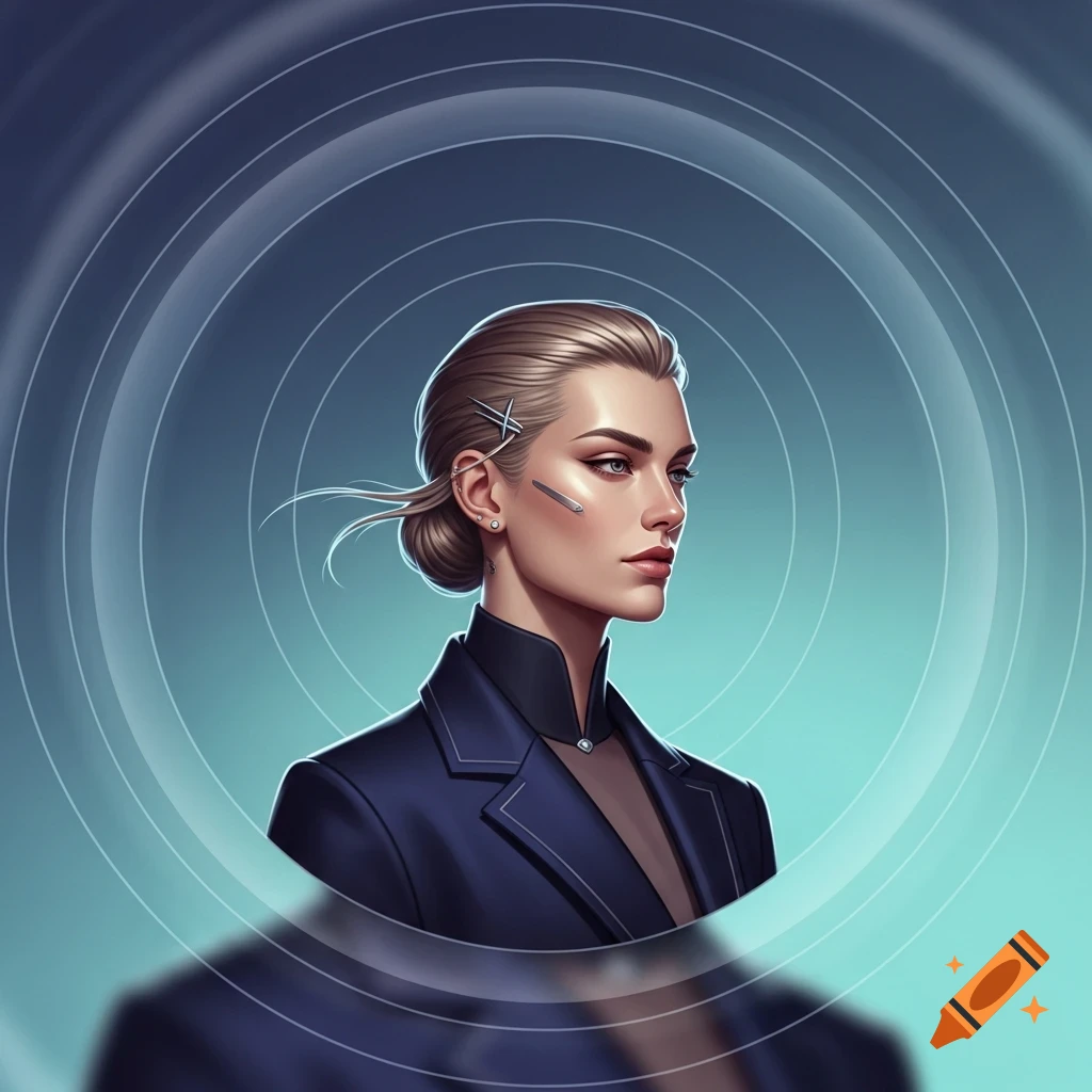 A stylized portrait of a woman with blonde hair in a bun, wearing a dark suit, with metallic accessories and a blue circular background.
