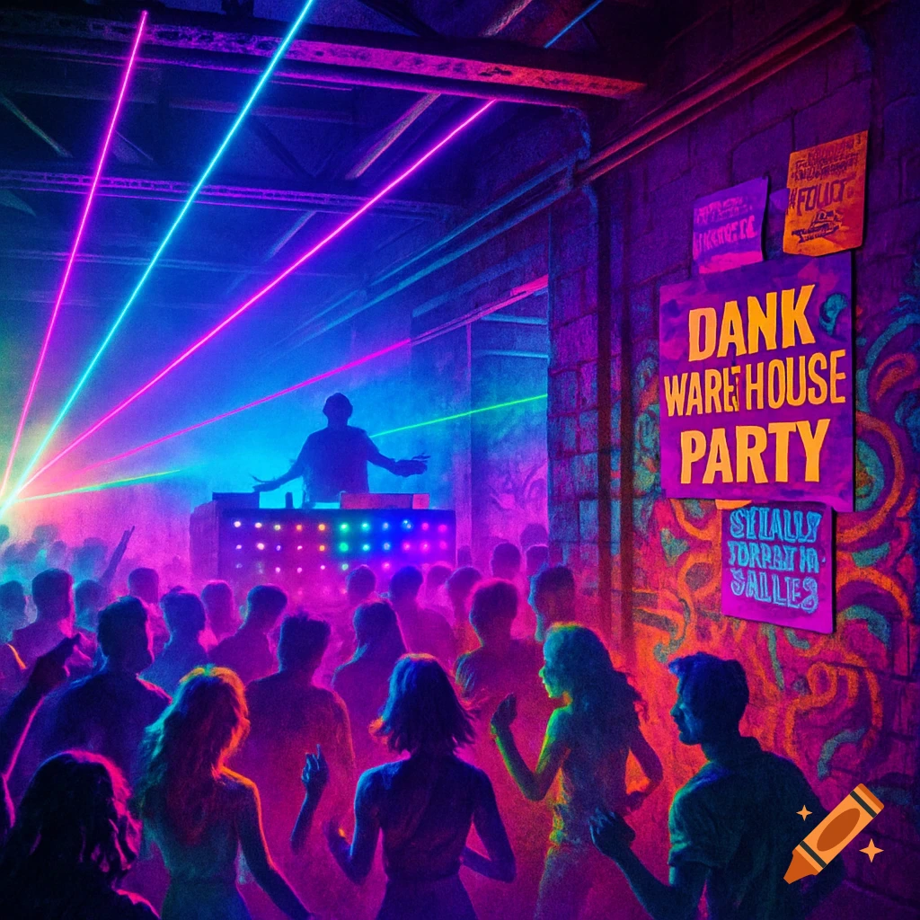 A crowded warehouse party scene with a DJ silhouetted against vibrant pink, blue, and green laser lights, and posters on a brick wall, some legible and some with garbled text.