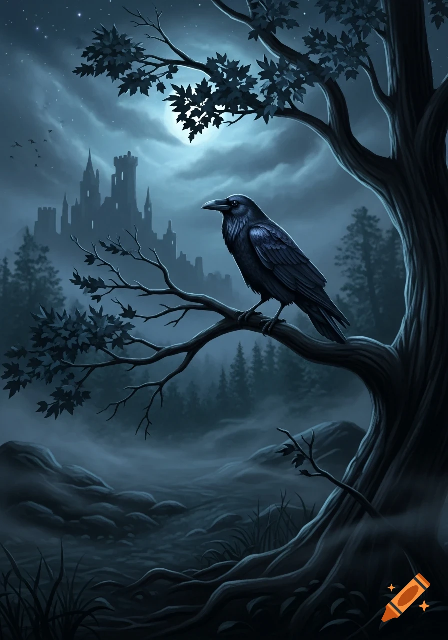 A black raven perches on a gnarled tree branch under a full moon ...
