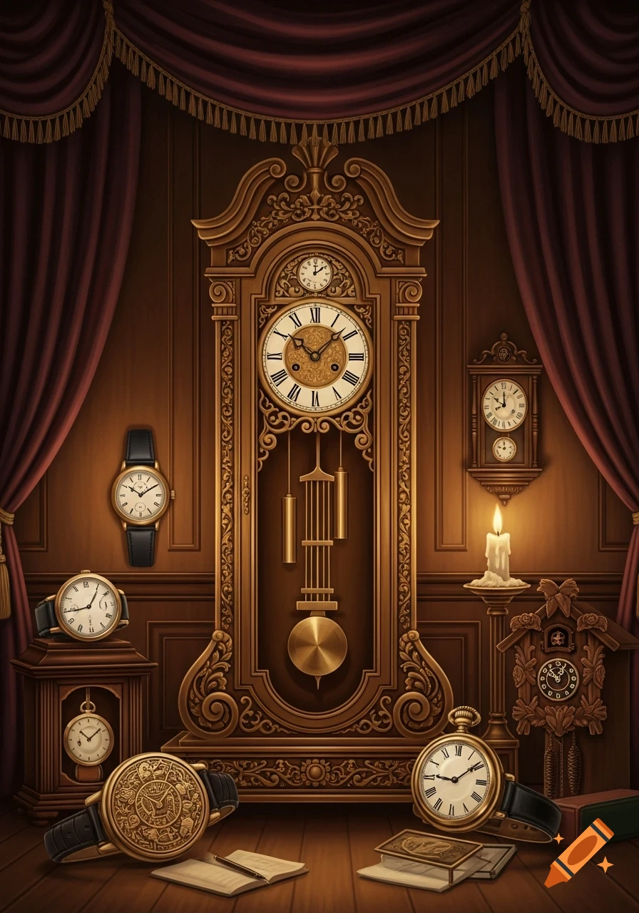 An opulent room features a collection of antique clocks, including a grandfather clock, wall clocks, and wristwatches, with red curtains.