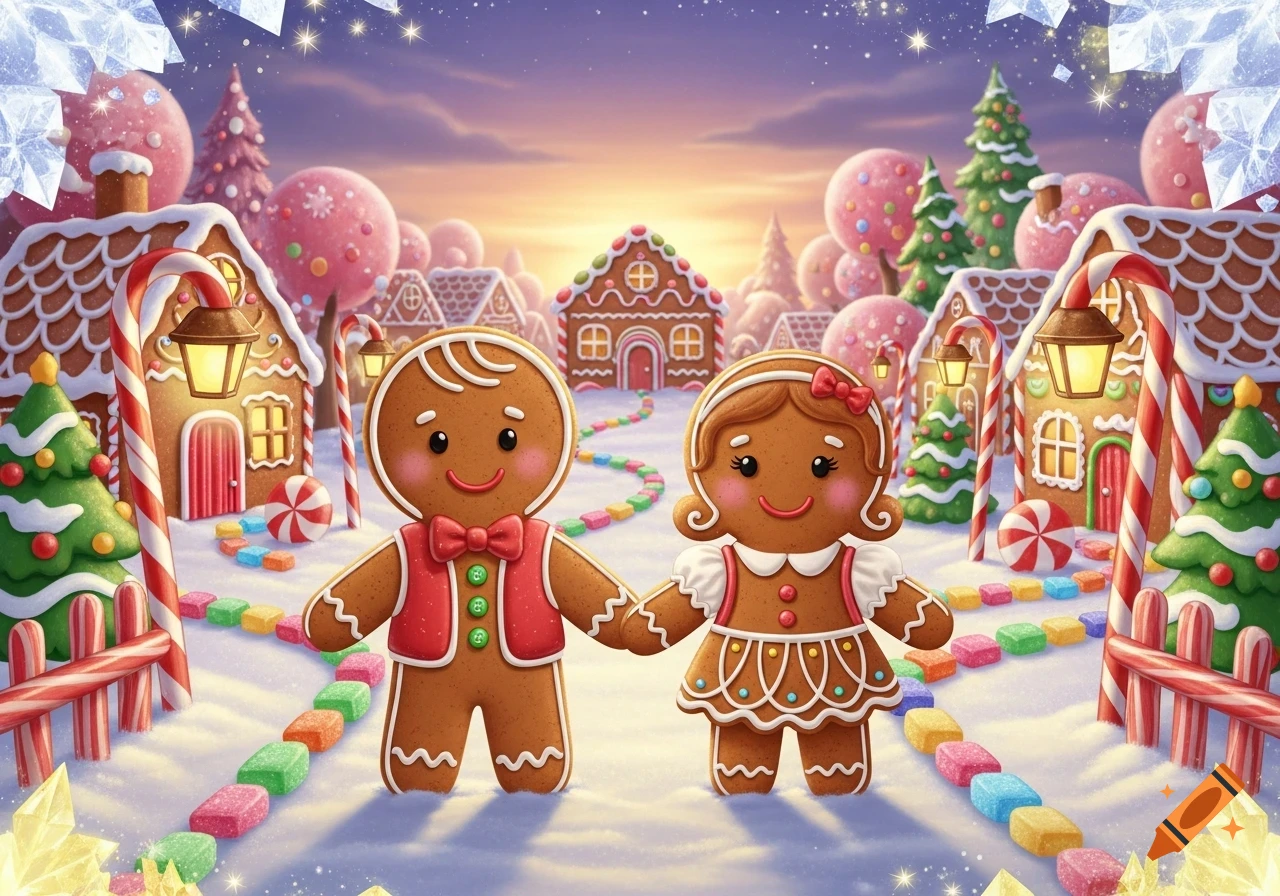 Cute gingerbread boy and girl holding hands in a snowy candy land village with gingerbread houses and colorful candies.