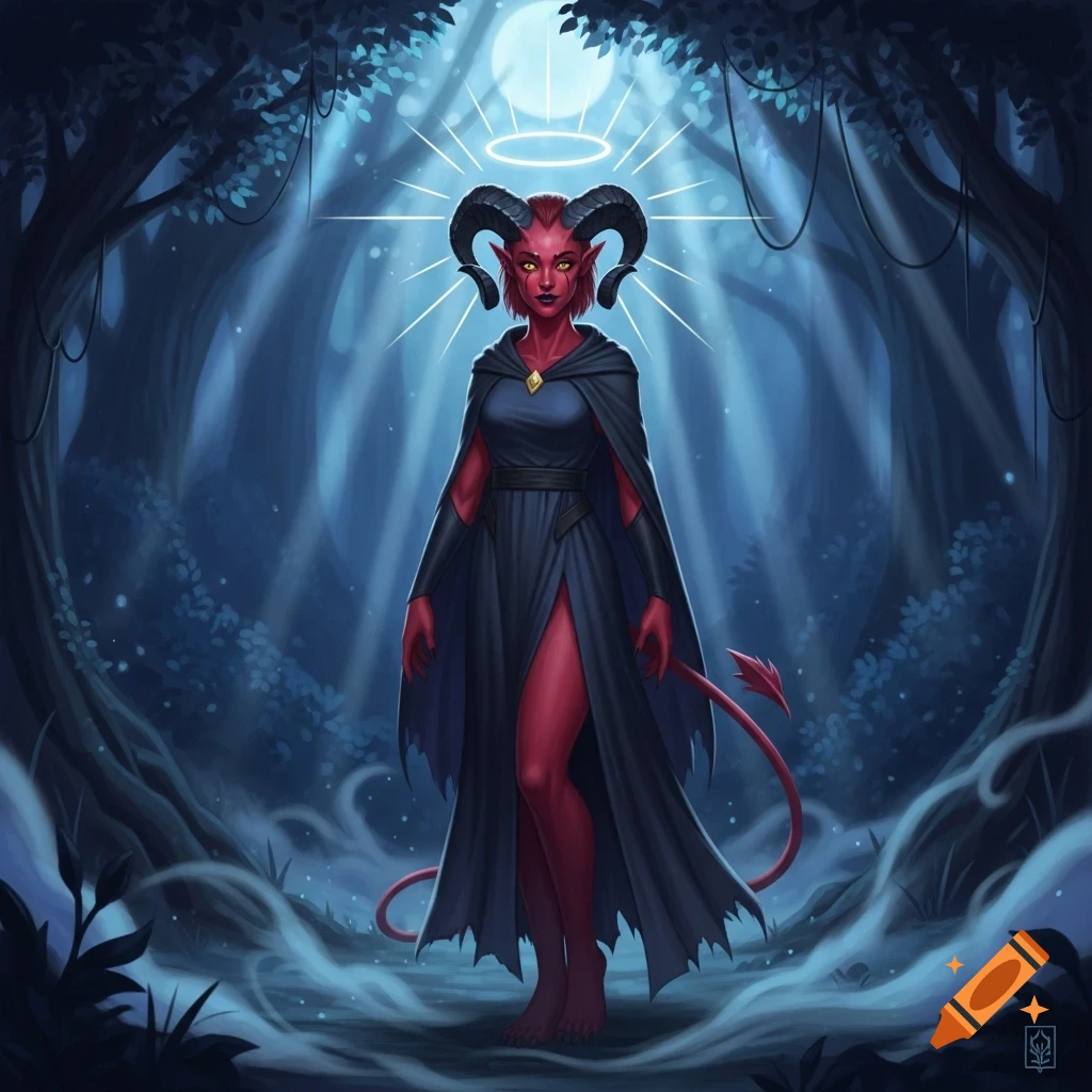 Red-skinned Tiefling woman with horns, a tail, and a halo standing in a dark, moonlit mystical forest, digital painting style.