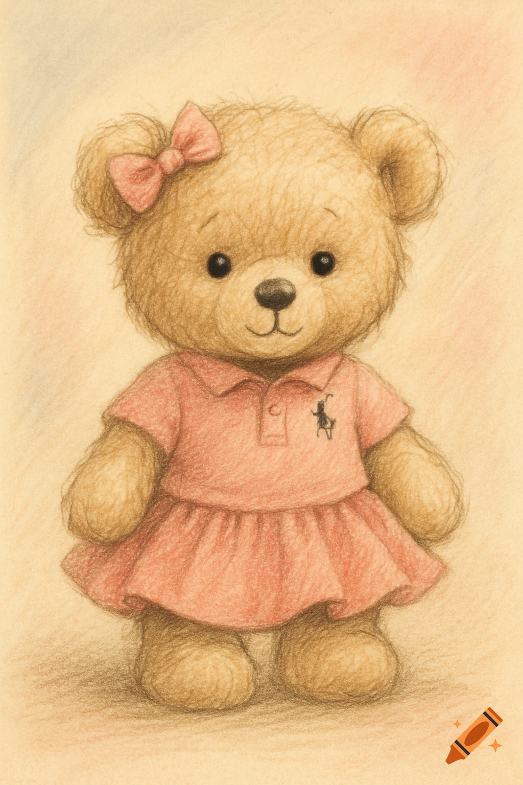 A cute colored pencil drawing of a brown teddy bear wearing a pink polo dress and a pink bow.