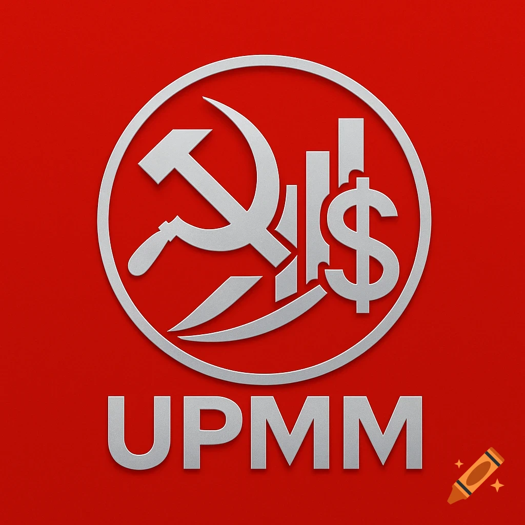 A silver circular logo on a red background, featuring a hammer and sickle, dollar sign, and bar charts, with "UPMM" below.