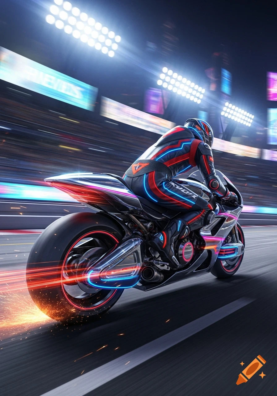 A person in a futuristic neon racing suit speeds on a motorcycle down a track at night, with light trails and sparks.