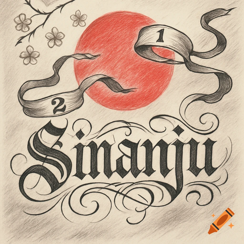 Stylized tattoo sketch art of 'Sinanju' in Chicano script, with banners numbered '1' and '2', a red sun, and cherry blossoms.