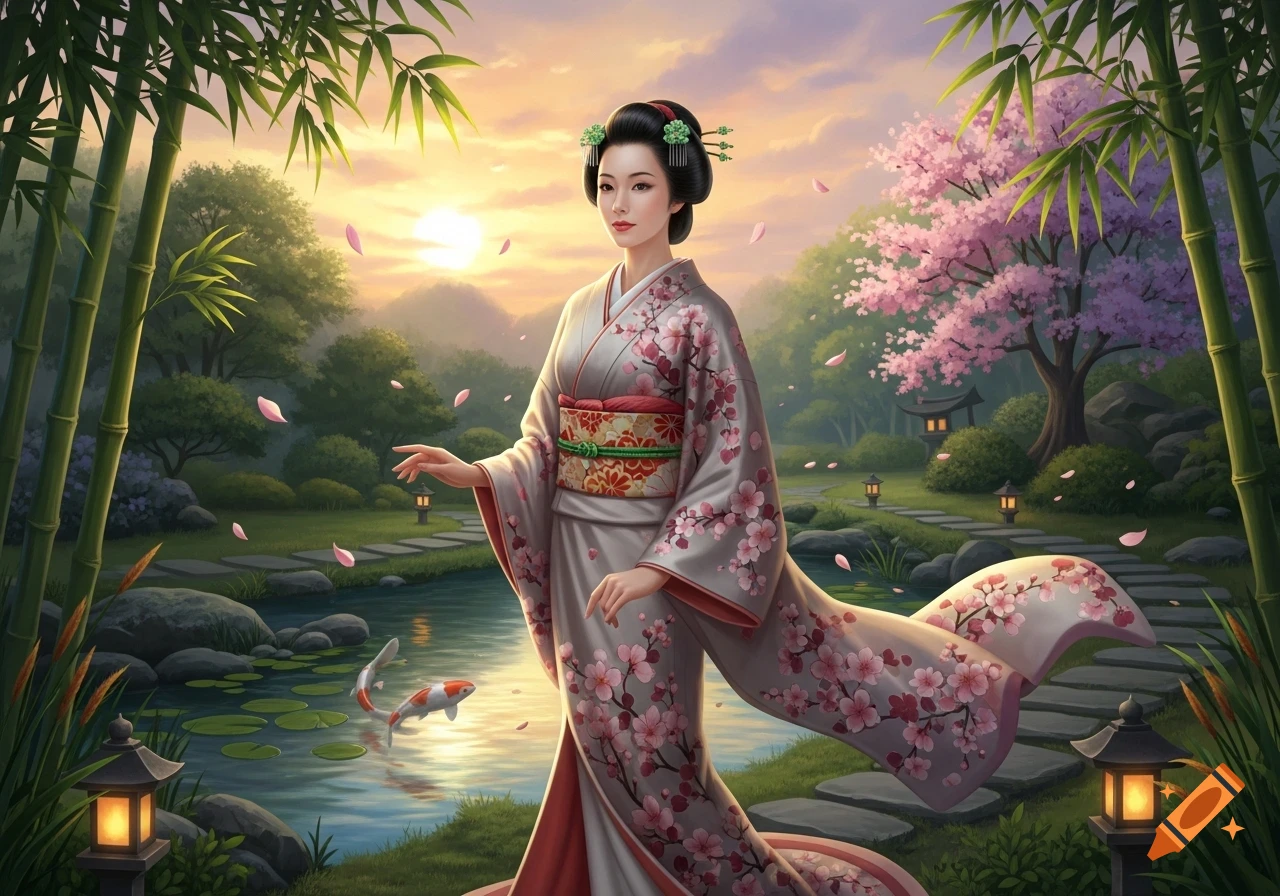 A woman in a traditional kimono stands in a Japanese garden with cherry blossoms, bamboo, koi, and stone lanterns at sunset.