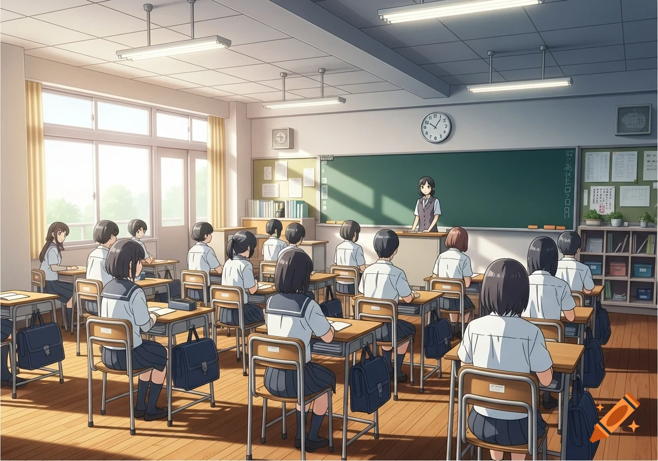 Anime-style illustration of a Japanese high school classroom with a teacher at the blackboard and students seated, bathed in morning sunlight.