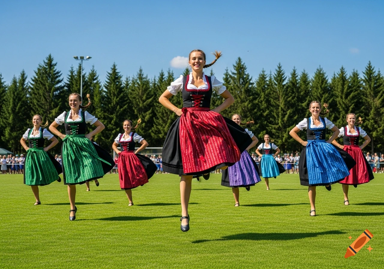 Seven women in colorful Dirndl dresses jump and dance on a green field under a clear blue sky, with evergreen trees in the background.