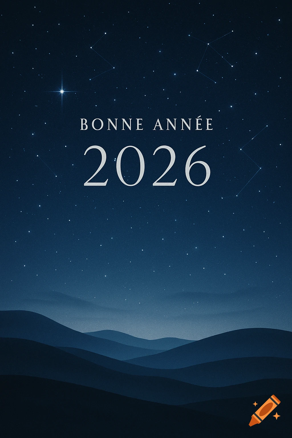 A dark blue New Year's card featuring a starry night sky above a simple, layered landscape, with "BONNE ANNÉE 2026" in white text.