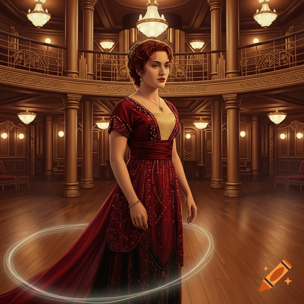 A woman resembling Rose from Titanic in a red gown stands in a grand ballroom with golden ornate decor, a glowing ring at her feet.